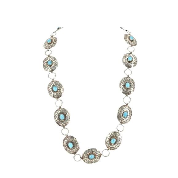 Belt Necklace Vintage Navajo Native Indian Oval Blue Turquoise Sterling Silver main image 6